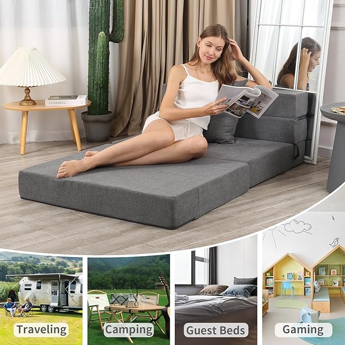 Futon Sofa Bed, High-Density Memory Foam Couch with Fluffy Pillow, Folding Floor Guest Bed, Twin Size, Dark Grey - Bloomnest