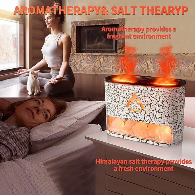 BOHOFAM Essential Oil Diffuser with Himalayan Salt lamp,Double Flame/Jellyfish 2 Mode Aroma Diffuser/Humidifier, Colorful Lights,4 * 10ML Hotel Collection Diffuser Oils Scents,for Home Bedroom(White)