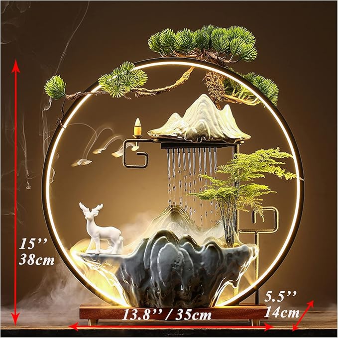 Deer Tabletop Water Fountains Indoor Waterfall with LED Light Zen Decor for Meditation with Mist Japanese Decor with Fake Plants Feng Shui Decor for Good Luck Wealth - Bloomnest