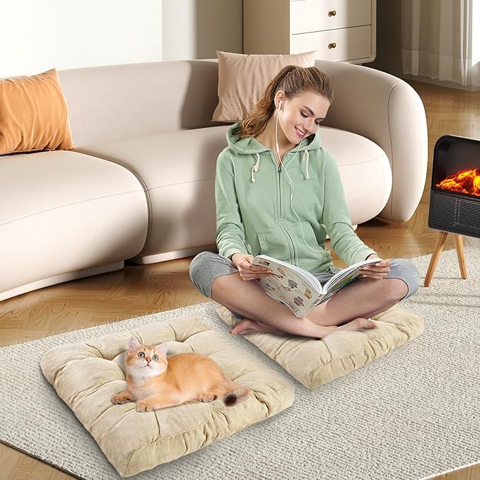 Meditation Floor Cushions Set of 2, Thickened Floor Pillow for Adults, Large Square Pillows Seat Cushion for Tatami Living Room Yoga, Memory Sponge Block Added, 22x22 Inch, Beige - Bloomnest