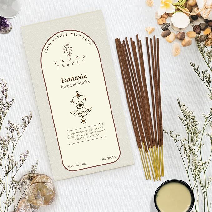 Fantasia Incense Sticks, Organic Hand Dipped 100 Sticks with Natural Herbs & Aromatic Ingredients, Burn Time 45 to 60 Minutes, Incense for Positivity, Yoga, Meditation, Relaxation, Spiritual Gift KARMAPLEDGE