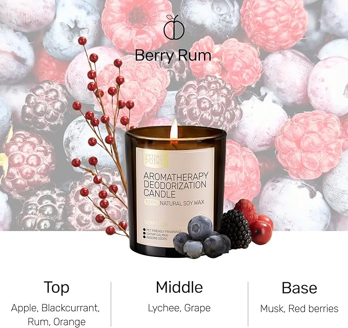 Odor Eliminating Candle, Berry Rum Scented Candle, Pet-Friendly Soy Candles, 60 Hours, 7 oz - Bloomnest