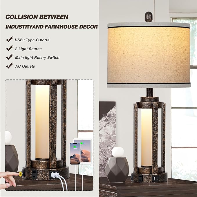 Farmhouse Lamps with USB A+C Charging Ports & AC Outlet, Rustic Vintage Industrial Table Lamps Metal Lamp with Glass LED Night Light & Beige Fabric Shade for Living Room Bedrooms Nightstand Bronze - Bloomnest