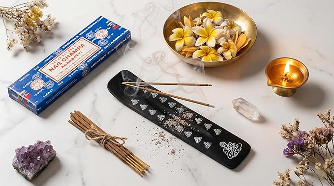 Wooden Holder with Nag Champa 250 GMS Incense Gift Set with Wooden Holder Hand-Rolled Agarbatti | Long-Lasting Floral Aroma for Pooja, Meditation & Home Fragrance Guruji+Divinity