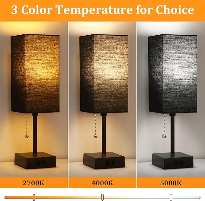 Table Lamp for Bedroom set of 2,3-Color Bedside Lamps with Pull Chain Table Lamps for Nightstand with AC Outlets, Night Light Lamps with 2 Bulbs Lamps for Living Room Kids Office Decor（Black） - Bloomnest