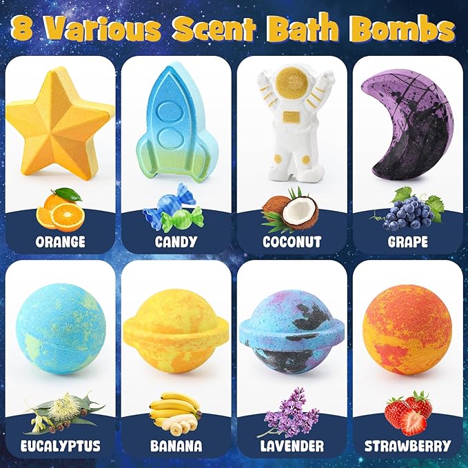 Space Bath Bombs for Kids with Surprise Inside, 8 Pack Kids Galaxy Bath Bombs with Space Toys for Toddler Boys Girls Handemade Rainbow Bubble Bath Fizzies Birthday Christmas Gift Set - Bloomnest
