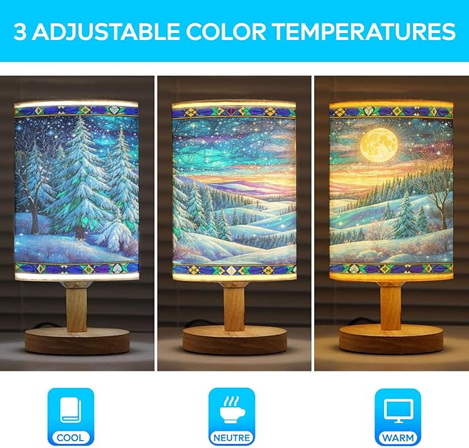 Winter Fores Table Lamp LED 3-Color Pressed Bedside for Merry Christmas, Winter Fores Shade Christmas Table Lamp with Wood Base for Bedroom Living Room Desk Office - Bloomnest