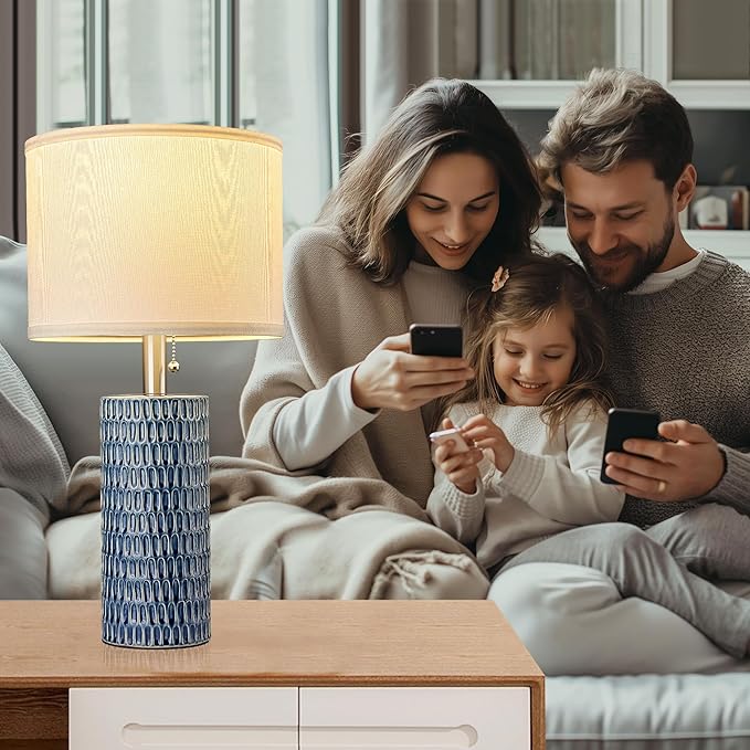 Table Lamps for Living Room Set of 2, Ceramic Table Lamps for Bedroom, 20" Modern Lamps for Night Stands, Dark Blue - Bloomnest