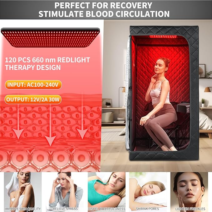 Portable Personal Far Infrared Sauna Box for Home with 660nm Red Light Threapy Panel, Upgraded Infrared Dry Sauna, 140℉, Heating Foot Pad, Upgraded Comfortable Chair