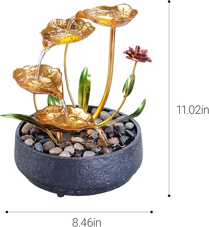 Tabletop Fountain Metal Lotus Circulating Fountain Water Feature for Zen Home Decor Warm Yellow Scene Light(23034) - Bloomnest
