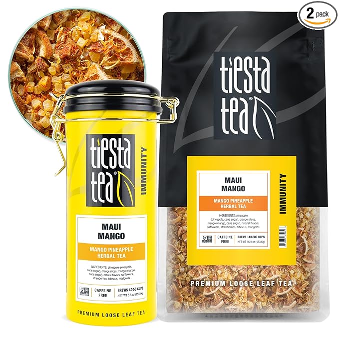 Tiesta Tea - Maui Mango, Loose Leaf, Mango Pineapple Herbal Tea, Premium Non-Caffeinated Fruit Blend, Makes Hot or Iced & Brews Up to 250 Cups - 16oz Bulk Pouch & 5.5oz Refillable Tin Combo - Bloomnest
