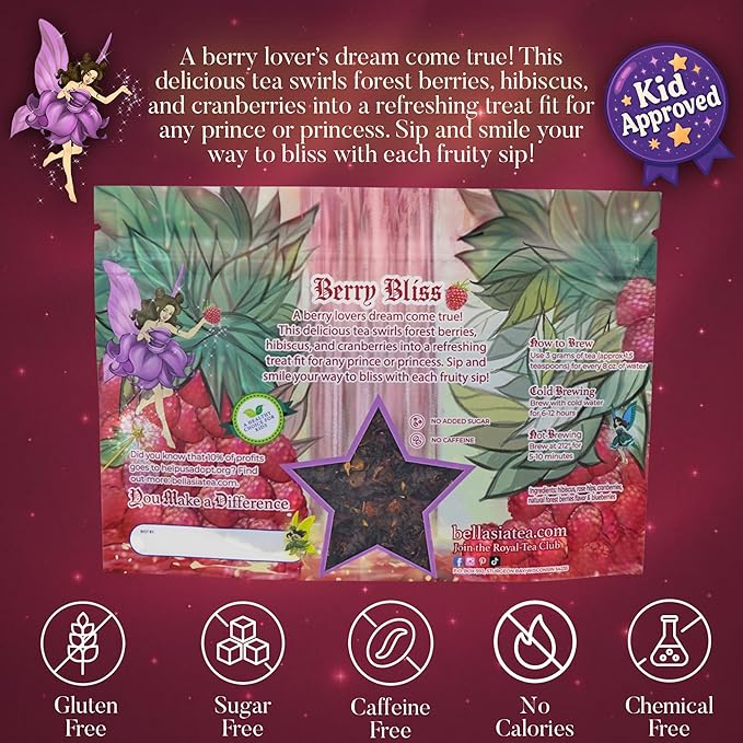 Bellasia Tea Berry Bliss for Kids Using Real Fruit Pieces - Caffeine Free Herbal Tea Blend with Real Ingredients & Balanced Flavor- Add Loose Leaf Tea to Your Child’s Routine for A Fun & Tasty Drink - Bloomnest