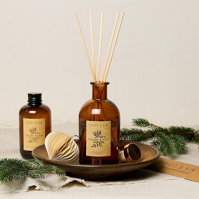 Craft & Kin Lily & Jasmine Diffuser Reed Diffuser | All Natural Essential Oil & 8 Rattan Scent Sticks | Reed Diffusers for Home, Bathroom | Long Lasting Home Fragrance in Amber Glass, 5.75oz CraftKin