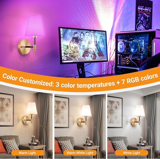 Battery Operated Wall Sconces Set of 2, Wireless Wall Light with 10000mAh RGB Dimmable Magnetic Bulb, Rechargeable Wall Sconce with Remote Control for Bedroom Living Room - Bloomnest
