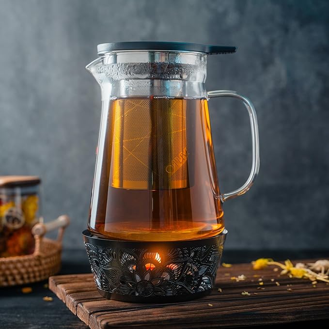 Elegant Glass Teapot with Built-In Tea Infuser & Stainless Steel Candle Warmer Base - 1000ml, Premium Gift Set for Tea Lovers, Perfect for Brewing and Keeping Tea Warm - Bloomnest