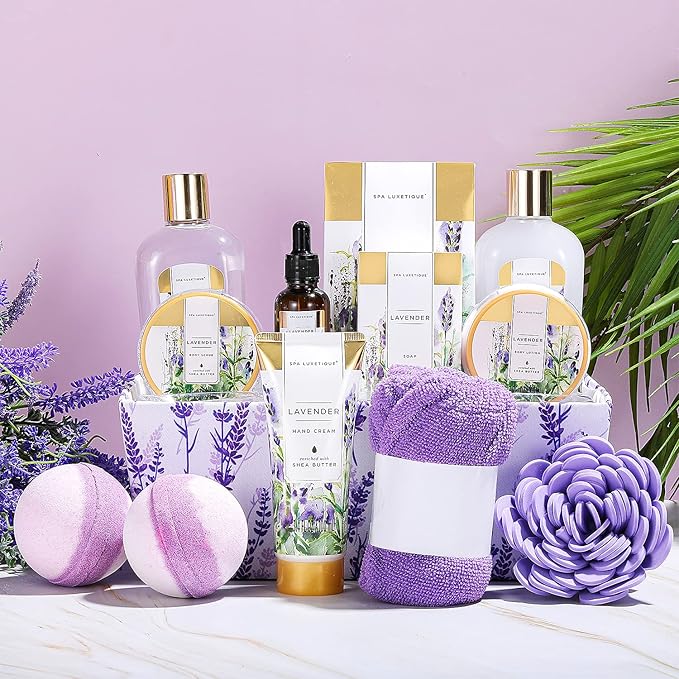 Spa Gift Basket, Spa Luxetique Lavender Spa Kit for Women - 12 Pcs Lavender Scented Spa Gift Set, Home Spa Set with Essential Oil, Bubble Bath, Bath Salts, Body Scrub, Valentine Day Gifts for Women