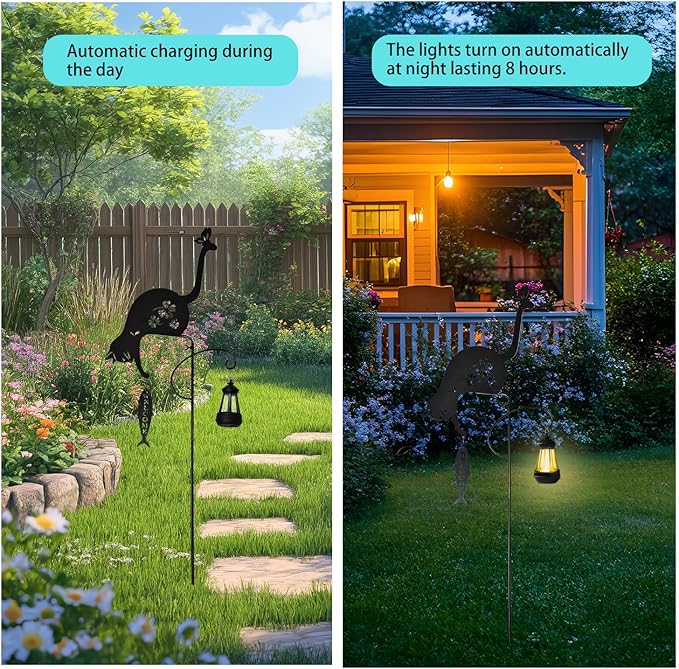 Solar-Powered Black Cat&Fish Garden Decor Stakes - Metal Silhouette Figurine for Outdoor Yard, Lawn, and Patio Decoration(Cat&Fish) - Bloomnest
