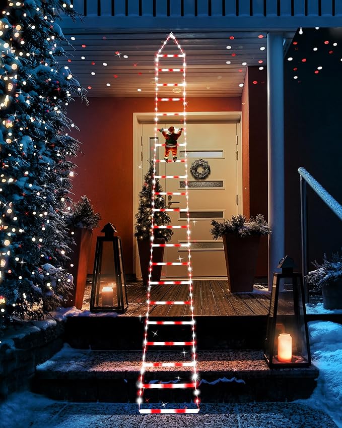 Toodour LED Christmas Lights - 10ft Christmas Decorative Ladder Lights with Santa Claus, Xmas Decorations Light for Indoor Outdoor, Window, Garden, Home, Wall, Xmas Tree Decor - White & Red - Bloomnest