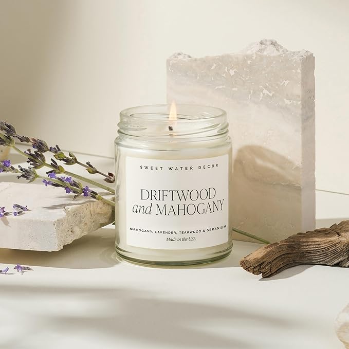 Sweet Water Decor Driftwood and Mahogany Soy Candle - Warm Mahogany, Fresh Lavender, Geranium, and Teakwood Scented Candles for Home - 9oz Clear Jar + Gold Lid, 40+ Hour Burn Time, Made in The USA - Bloomnest