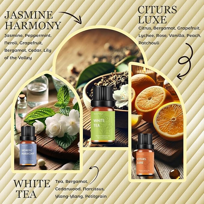 Premium Hotel Fragrance Oil Collection for Diffusers, Essential Oils for Diffusers for Home, Hotel Diffuser Fragrance Oils,Spa & Candle Making, White Tea, Citrus Luxe, Velvet Night and More - 6x10ml - Bloomnest