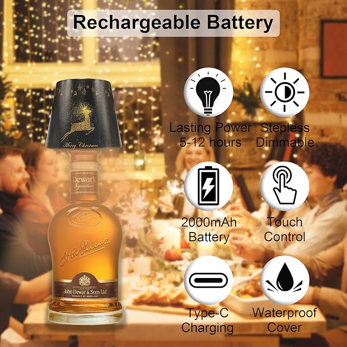 Wireless Bottle Lamp-Christmas Wine Bottle Lights with Touch Dimming,3 Color Temperatures Table Lamps, Rechargeable LED Lamp Shade for Home, Bar, Restaurants and Outdoor Use - Bloomnest