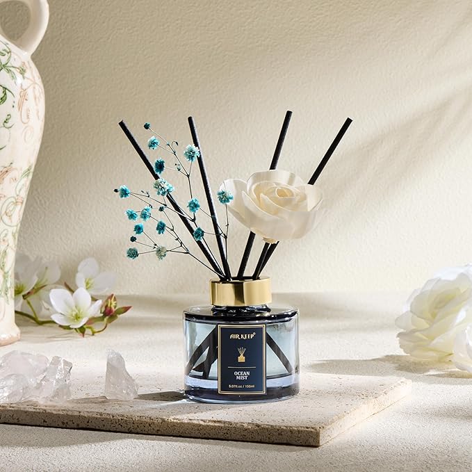 Airkeep Flower Reed Diffusers Set, 5.07 oz Ocean Mist Scented Oil Diffuser with 8 Reed Sticks, Home Fragrance Diffuser Gift Set for Bathroom & Office Decor 150ml - Bloomnest