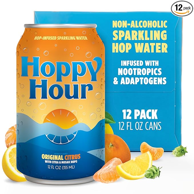 Hoppy Hour Sparkling Hop Water, Non-Alcoholic and Adaptogens Drink, Zero Sugar and Calories, Refreshing Original Citrus Flavor, 12 oz Cans (12-Pack) - Bloomnest