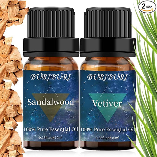 BURIBURI Sandalwood Oils and Vetiver Essential Oils Gifts Set, 2Pcs 100% Pure Aromatherapy Sandalwood Essential Oils for Diffuser, Massage, Soap Making BURIBURI
