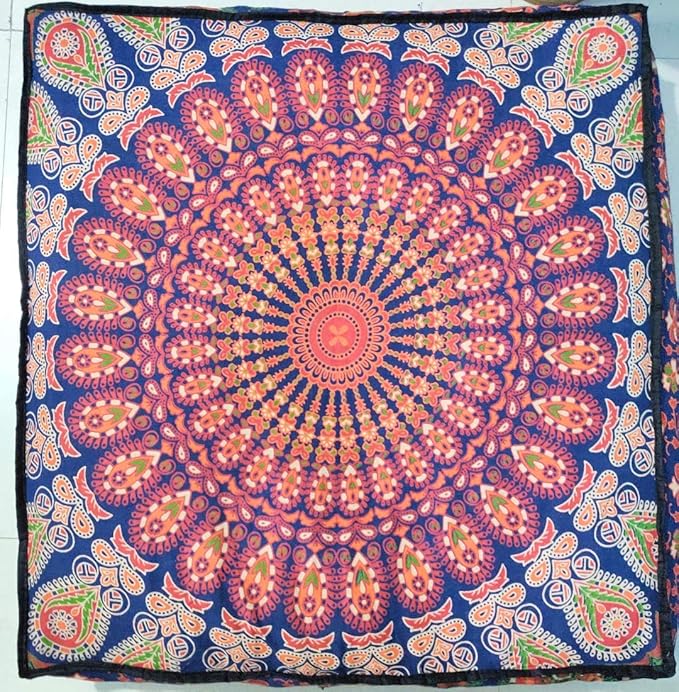ICC 24" Orange Peacock Mandala Barmeri Large Floor Pillow Cover Cushion Meditation Seating Ottoman Throw Cover Hippie Decorative Zipped Bohemian Pouf Ottoman Pom Pom Cases 24" Square - Bloomnest