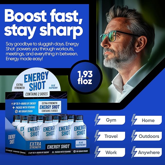 Blue Raspberry Extra Strength Energy Shot 12 pk – 260mg Natural Caffeine B12 B6 – Energy & Focus Support – 2 Servings Sugar Free Zero Calorie Green Tea B-Vitamins Electrolytes Vegan – 1.93 fl oz - Bloomnest