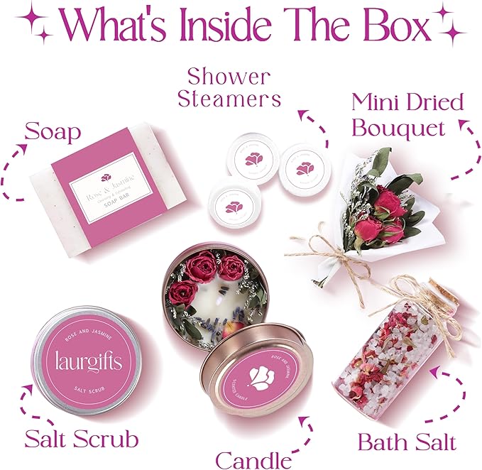 Valentine’s Day Spa Gift Set for Women – Romantic Rose & Jasmine Self Care Gift Box with Candle, Soap & Bath Treats – Pink Valentine Gift for Her, Wife, Girlfriend or Mom - Bloomnest
