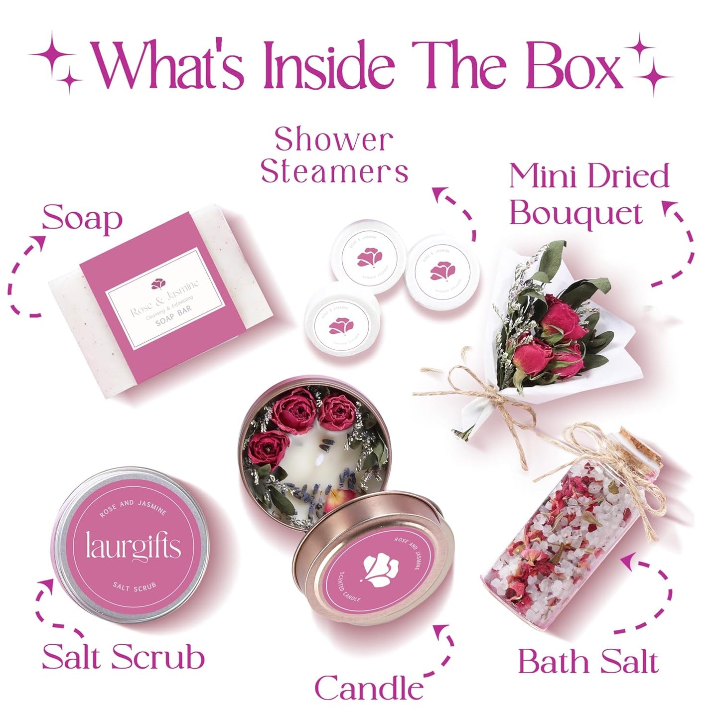 Spa Gift Set for Women – Small Self Care Gift Box with Relaxing Rose & Jasmine Scent – Bath Gift for Birthday, Christmas & Thank You – Elegant Spa Gift for Mom, Wife, Sister or Friend