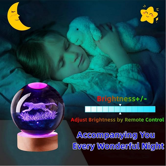 3D Large Leopard Crystal Ball Night Light with Wooden Base, Cheetah Crystal Lamp Gift for Kids Wife Friends, 16 Color Changing with Remote Control, Laser Engraved 3.15 inch Glass Ball Lamp (Leopard) - Bloomnest