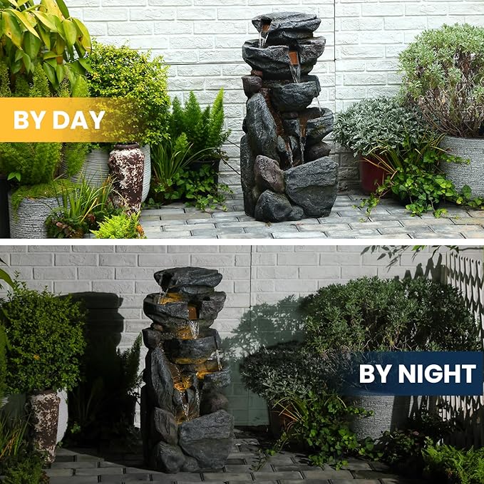 The 5-Tiered Rock Water Fountain Outdoor&Indoor, 31.5’’H Floor-Standing Garden Fountains, Stone Feature and Waterfall with Lights for Patio, Backyard, Deck, Porch, Home DéCor, Gray - Bloomnest