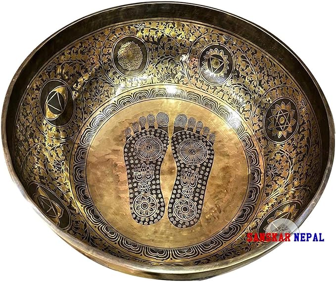 Large Singing Bowl - 19 Inches in Diameter - Buddha's Feet Etched by Artisans from Nepal - For Healing, Sound Bath, Yoga, Relaxation, and Meditation Gold