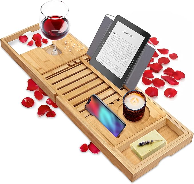 SereneLife Luxury Bamboo Bathtub Caddy Tray - Adjustable Natural Wood Bath Tub Organizer with Wine Holder, Cup Placement, Soap Dish, Book Space & Phone Slot for Spa, Bathroom & Shower - SLBCAD20 - Bloomnest