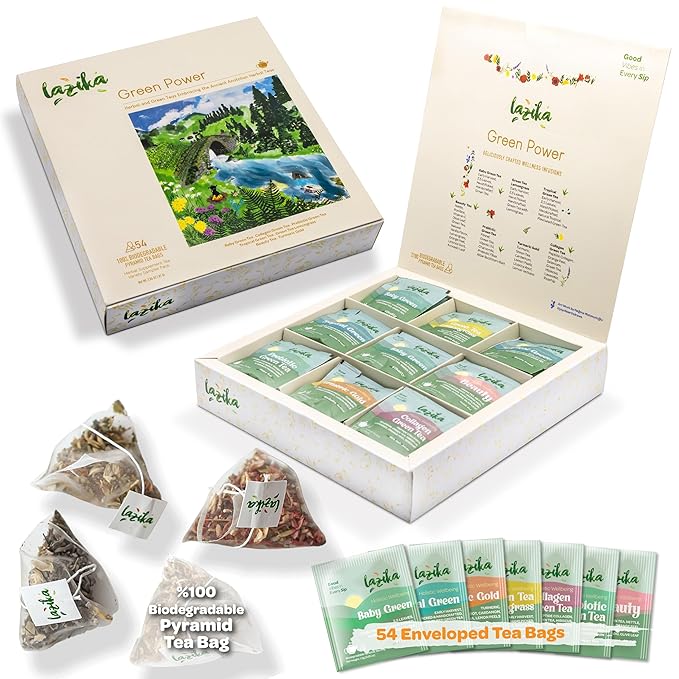 Lazika Green Tea Variety Pack with Lovely Presentation Box, 54 Counts, Green Tea Assortment Gift Set, Premium Collection with Pyramid Infuser Bag, Early Harvest, Handcrafted - Bloomnest