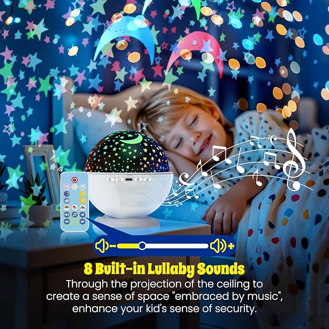 Night Light Projector,Night Light for Kids Room with Remote and Timer,360° Rotation,3 Projection Films,18 Light Modes,8 Lullaby Songs,Kids Night Lamp, Birthday Christmas Gifts for Boys Girls (White) - Bloomnest