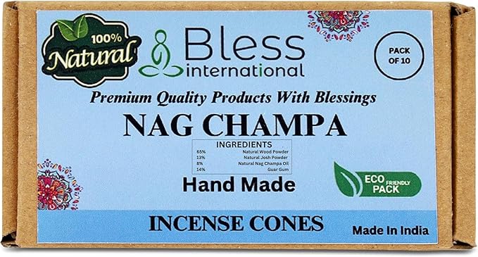 Bless-International Nag Champa 100%-Natural-Incense-Cones Handmade-Hand-Dipped Organic-Chemicals-Free for-Purification-Relaxation-Positivity-Yoga-Meditation The-Best-scents (10 Count) BlessInternational