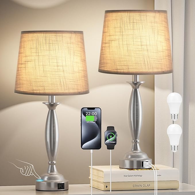 Lamps for Bedrooms Set of 2 - Touch Bedside Lamp with USB C+A, 3 Way Dimmable Nightstand Lamps with USB Port, Brushed Nickel Table Lamp for Living Room Guest Room Bed Side End Table(Mottled Gray) - Bloomnest