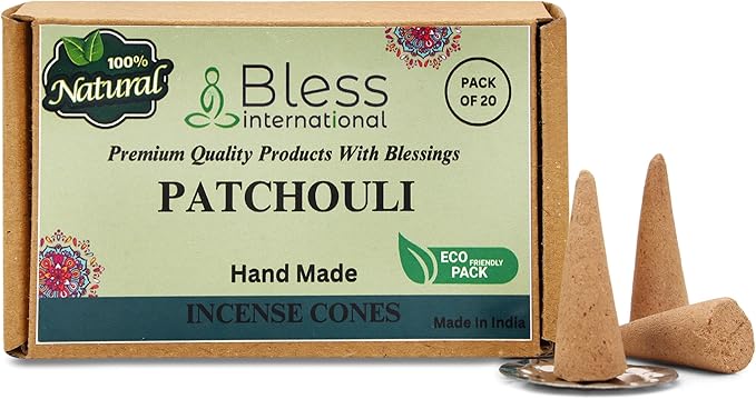Bless International Patchouli 100%-Natural-Incense-Cones Handmade-Hand-Dipped Organic-Chemicals-Free for-Purification-Relaxation-Positivity-Yoga-Meditation The-Best-scents (20 Count) BlessInternational