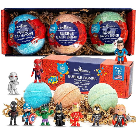 Superhero Bath Bombs for Kids with Surprise Toys Inside (3 Pack) - Large Bubble Bomb for Boys & Girls - Fizzies, Relaxing Aromas, Made in USA, Skin-Safe, Stain-Free by Two Sisters - Bloomnest