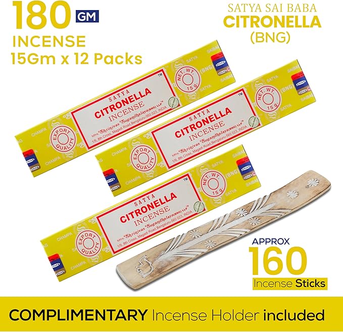 Satya Citronella Incense Sticks, Satya Bng Insenses 15gmx12 Pack with Raajsee Incense Holder Bundle, Satya Nagchampa Natural Incense - Bloomnest