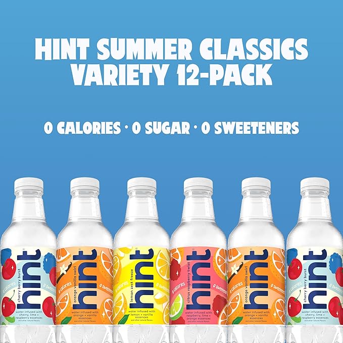 Hint Fruit-Infused Bottled Water, Summer Classics Variety Pack - Sugar Free Flavored Water with Zero Calories, Natural Fruit Essences, and No Artificial Sweeteners - 16 Fl Oz (Pack of 24) - Bloomnest
