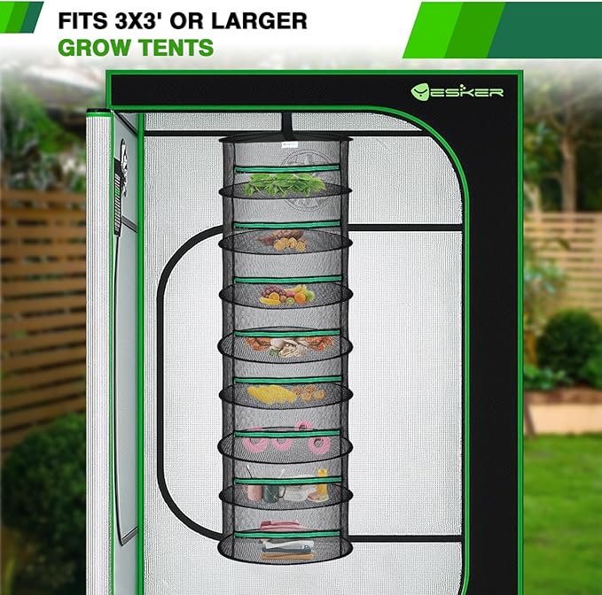 Yesker 8 Layer Herb Drying Rack Hanging Mesh Net Foldable Plant Drying Racks 24" Diameter with Green Zipper & Hook Dryer Hanging Rack for Herbs Seed Bud Fruit Clothes Grow Tent Closets Garden Outdoor - Bloomnest