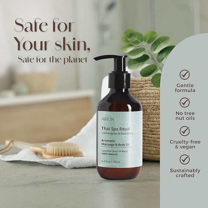 AiROM Lemongrass & Eucalyptus Massage Oil for Massage Therapy – Thai Spa Ritual - Scented Body Oil for Women – Hypoallergenic, Relaxing Aromatherapy, Non-Greasy, Nut-Free - 6.4 fl oz - Bloomnest