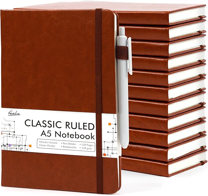12 Pack Notebooks Journals Bulk with 12 Black Pens, Feela A5 Hardcover Notebook Classic Ruled Journal Set with Pen Holder for School Business Work Travel Writing, 120 GSM, 5.1”x8.3”, Brown - Bloomnest