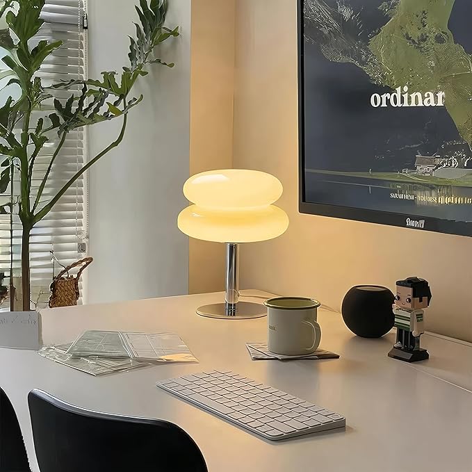 Vintage Table Lamp for Bedroom, Mid Century Modern Dimmable Night Light, Aesthetic Egg Tart Desk Lamp, Cozy Ambient Lighting for Living Room & Home Decor (White, Not-Glass) - Bloomnest