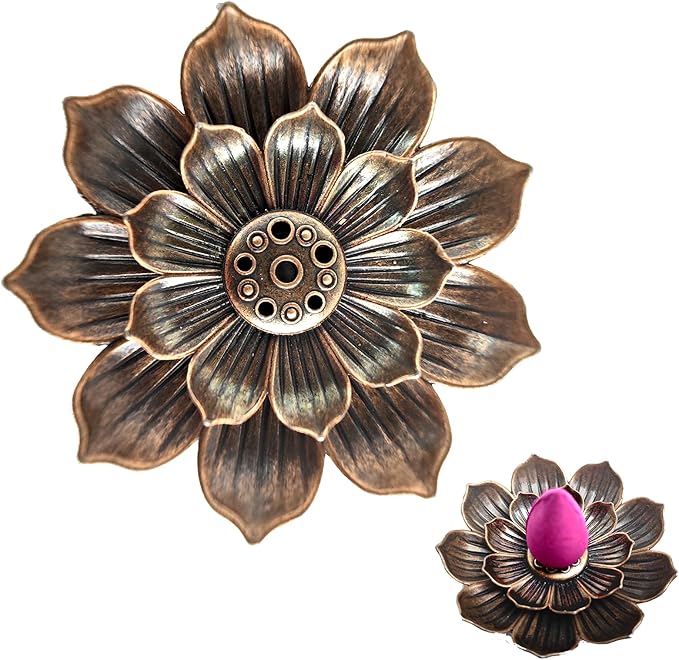 MASSIVEROCK Cone and Stick Incense Holder - Brass Ash Catcher with Waterfall Backflow - Meditation Yoga Decor for Home