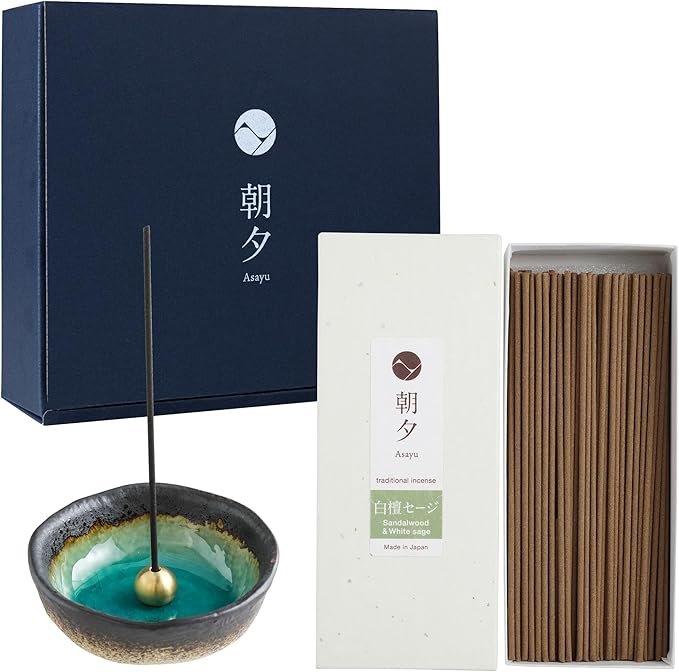Asayu Japan Traditional Smoke Incense Gift Set with Incense Holder and Brass Stand, Sandalwood & White Sage Blend Incense Sticks with Mini Aquamarine Ceramic Holder - Bloomnest